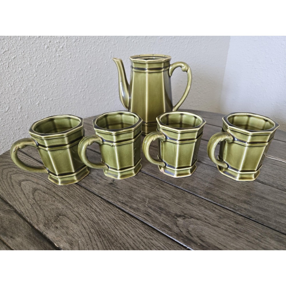 5 PC Vintage Royal Sealy Japanese Tea Pot & Cups Green MCM Retro Art Deco READ